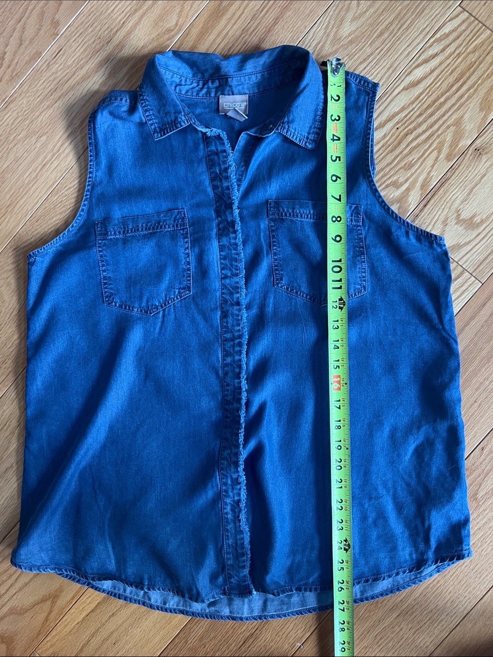 Chico's Sleeveless Chambray Button-Down Shirt in Denim Blue with fringed accents - Picture 6 of 7